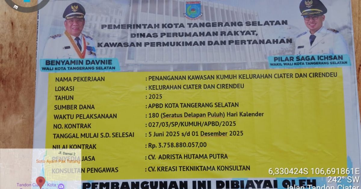 Proyek Penataan Kawasan Kumuh Ciater-Cirendeu-Serua Miliaran Diduga Bermasalah, Data LPSE dan Papan Proyek Tak Sinkron