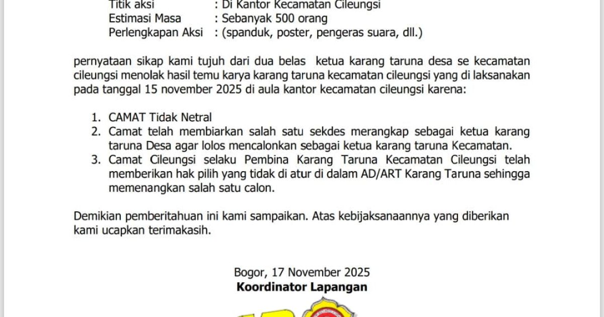 ‎Camat Tidak Netral dalam Pemilihan Katar, Tujuh Pengurus Karang Taruna se Kecamatan Cileungsi Bakal Gelar Unjuk Rasa